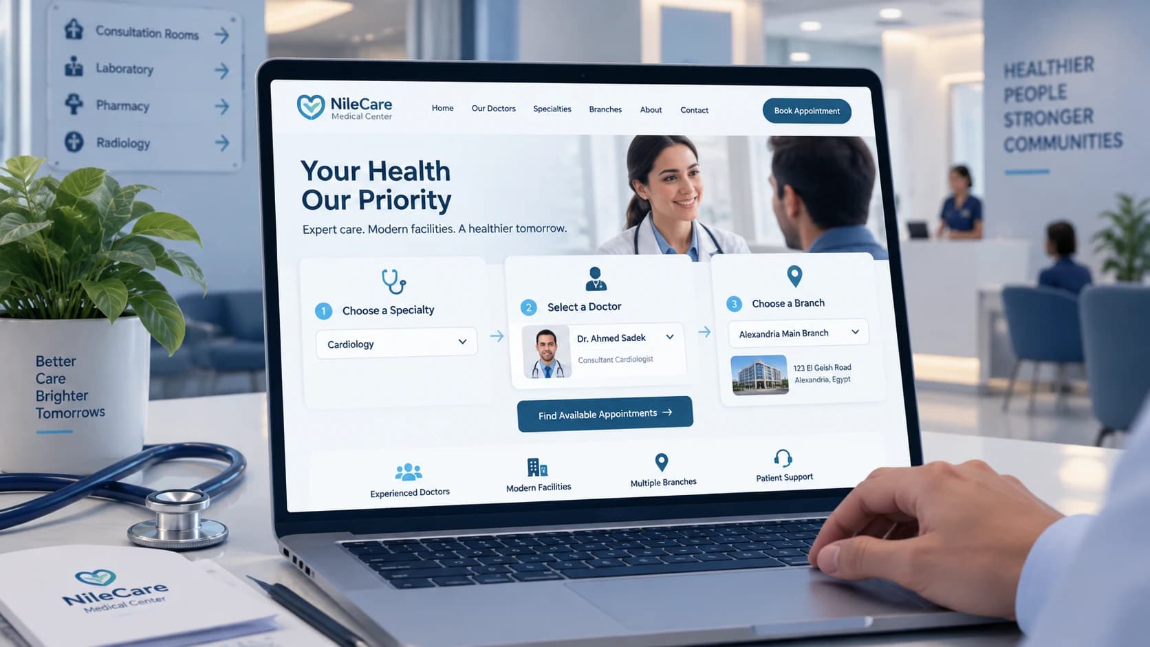 Medical center website navigation showing specialty doctor and branch selection Image filename medical-center-website-development