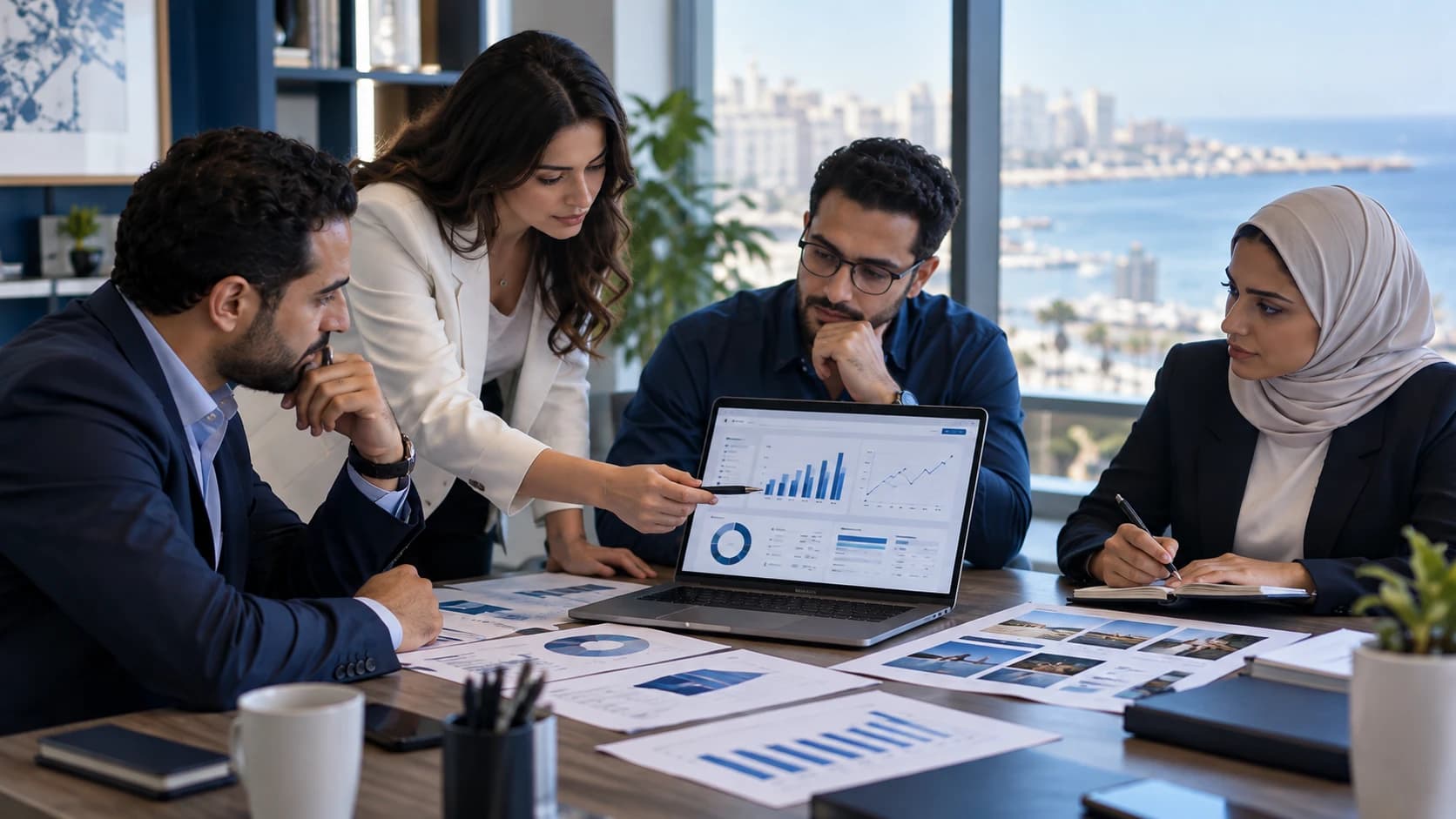 A professional business consultation in Alexandria, Egypt, where marketing specialists and business owners review strategies, campaign plans, and business objectives to select the right marketing agency.
