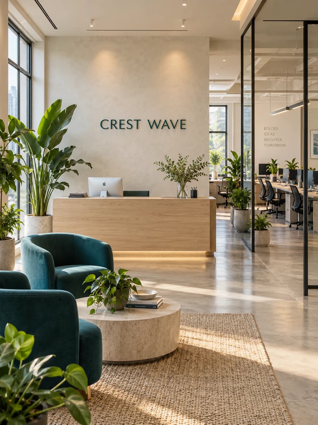 تصوّر تخيلي لمكتب Crest Wave بتصميم عصري وإضاءة طبيعية